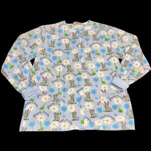 UA Scrub Shirt Jacket Sz Small Easter Bunny Rabbit Snap Front Light Blue Floral